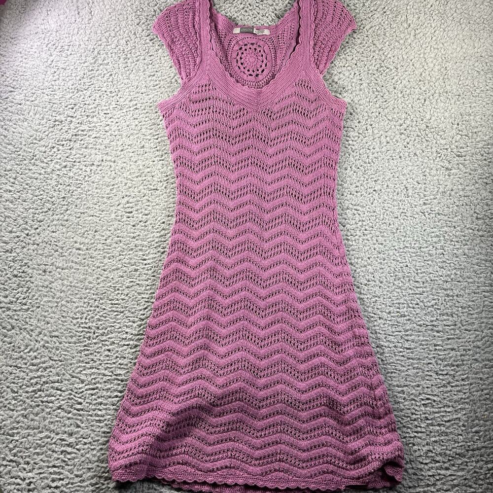 Athleta Pink Purple Crochet Knit Mini Tank Dress Women's Medium 100% Cotton Boho